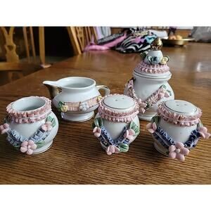 Vintage 5 PC Capodimonte Creamer Sugar Salt/Pepper Shaker Toothpick Unbranded